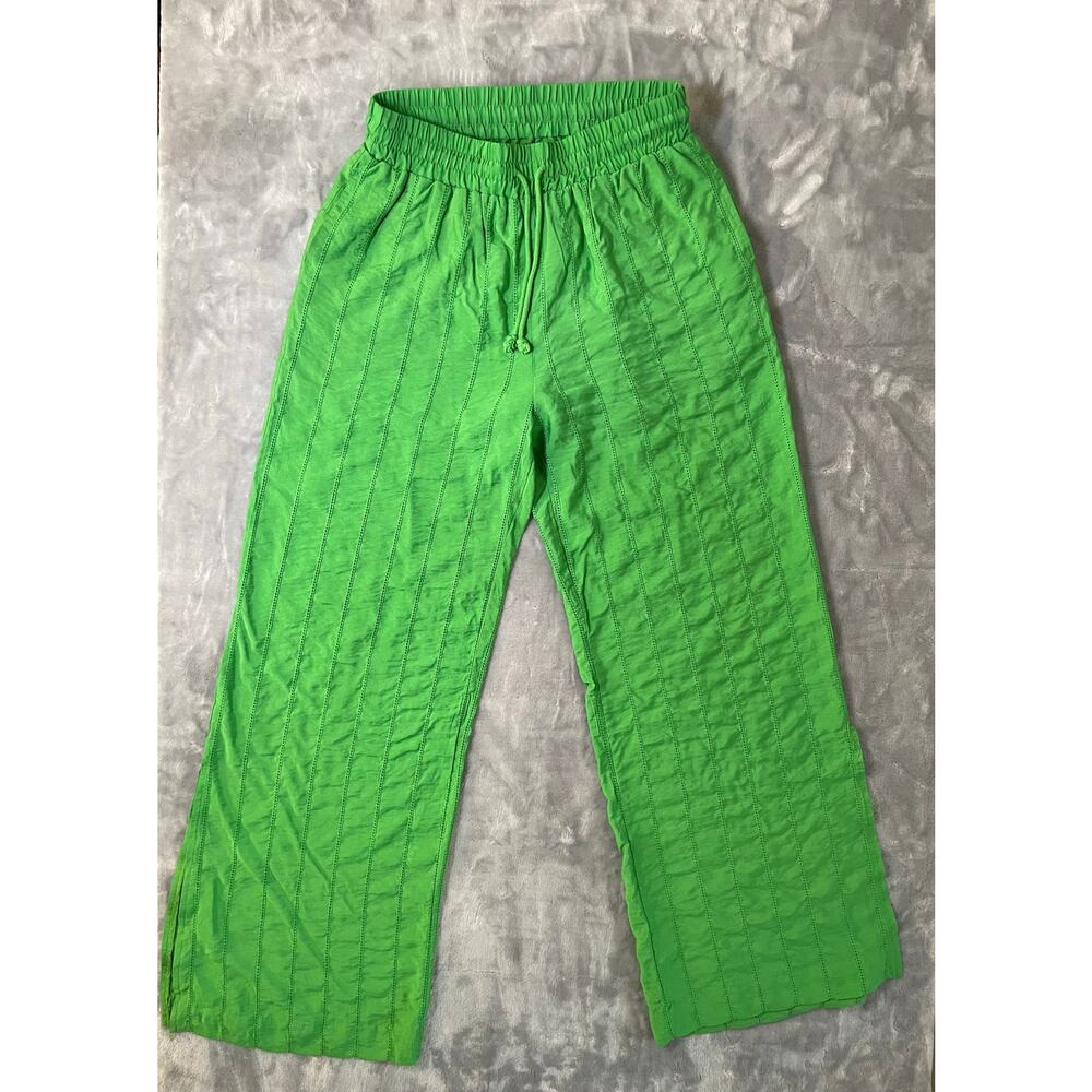 Bright‎ Kelly green Jason Wu wide leg drawstring pants eyelet embroidery resort